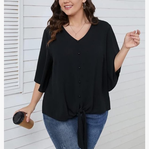 SCOMCHIC 2XL Black Boho 3/4 Sleeve Front Tie Blouse Amazon - Picture 2 of 9